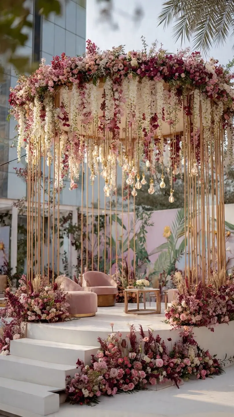 Kalinga Events - Cascading floral arch with maroon and white flowers, luxury wedding decor Odisha